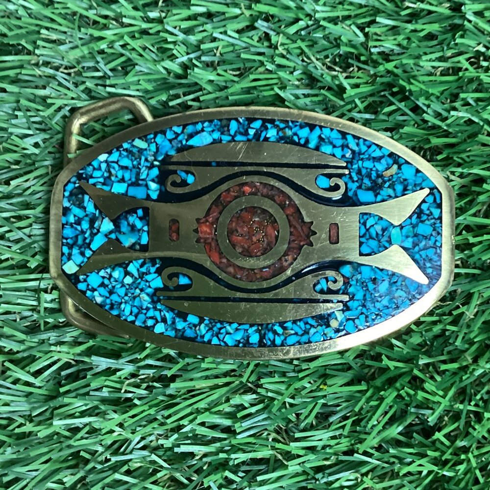 Vintage BTS Belt Buckle Solid Brass Turquoise and Red Stone Inlay